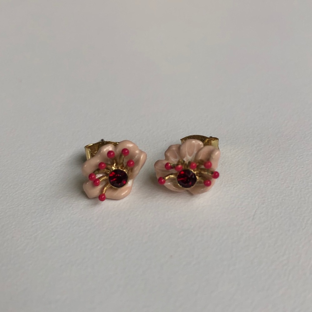 Pink Floral Stud Earrings with Red Crystal Center